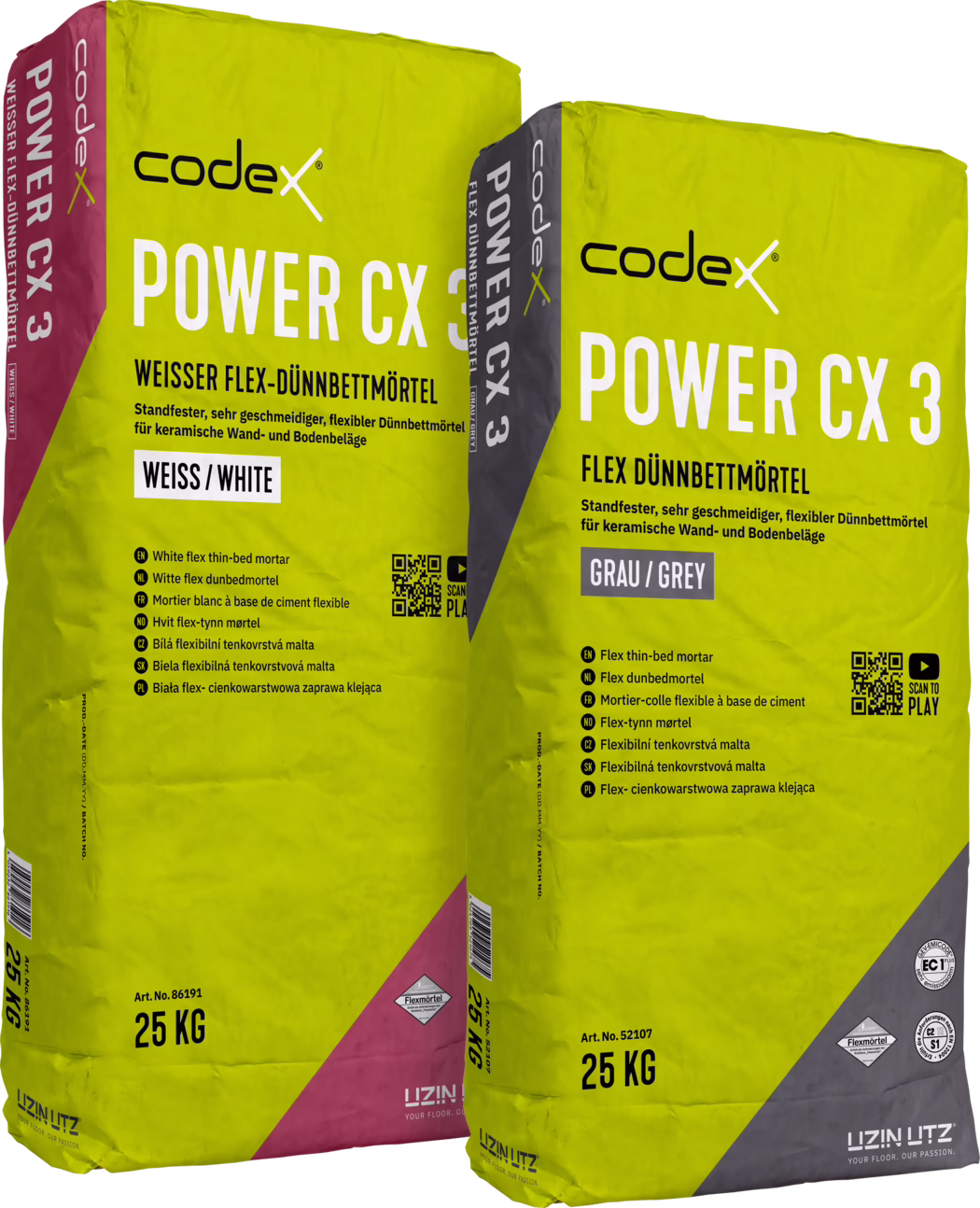 codex_Dummy_Power CX 3 grey+white_right_2019-01 Zwei 25-kg-Säcke codex POWER CX 3 Flex-Dünnbettmörtel nebeneinander abgebildet. Ein Sack ist mit WEISS / WHITE und einem magentafarbenen Eckfeld gekennzeichnet, der andere mit GRAU / GREY und einem grauen Eckfeld. Beide Verpackungen sind auffällig gelb mit großen weißen „POWER CX 3“-Schriftzügen, dem codex-Logo, mehrsprachigen Produktbeschreibungen, einem sichtbaren QR-Code, Prüfzeichen und UZIN UTZ-Branding. Das Produkt wird als standfester, sehr geschmeidiger, flexibler Dünnbettmörtel für keramische Wand- und Bodenbeläge beschrieben; die Artikelnummern (Art.-Nr. 86191 und Art.-Nr. 52107) sowie die Gewichtsangabe 25 KG sind gut lesbar. Die Aufnahme zeigt Drucktexte, Verpackungsfalten und studiolichtbedingte Reflexe.