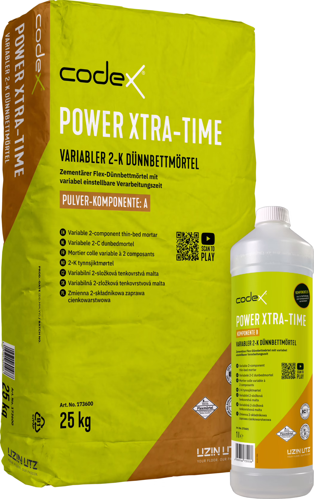 Studioaufnahme eines Codex Power Xtra-Time 2-Komponenten-Dünnbettmörtel-Sets: ein großer gelb-grüner 25-kg-Papiersack mit der Aufschrift 'POWER XTRA-TIME' und 'Variabler 2-K Dünnbettmörtel' (Pulver-Komponente A) neben einer weißen 1-l-Kunststoffflasche als Komponente B. Der Sack zeigt das Codex-Logo, den Produktnamen in großen weißen Buchstaben, ein braunes Feld mit 'Pulver-Komponente: A', mehrsprachige Produktangaben, Symbole, einen QR-Code und die Gewichtangabe '25 kg'; die Flasche trägt ein passendes Etikett in Gelb-Grün und einen weißen Schraubverschluss. Die Verpackungen sind leicht zerknittert und vor weißem Hintergrund fotografiert, wodurch Details und Beschriftungen für den Baustellengebrauch betont werden.