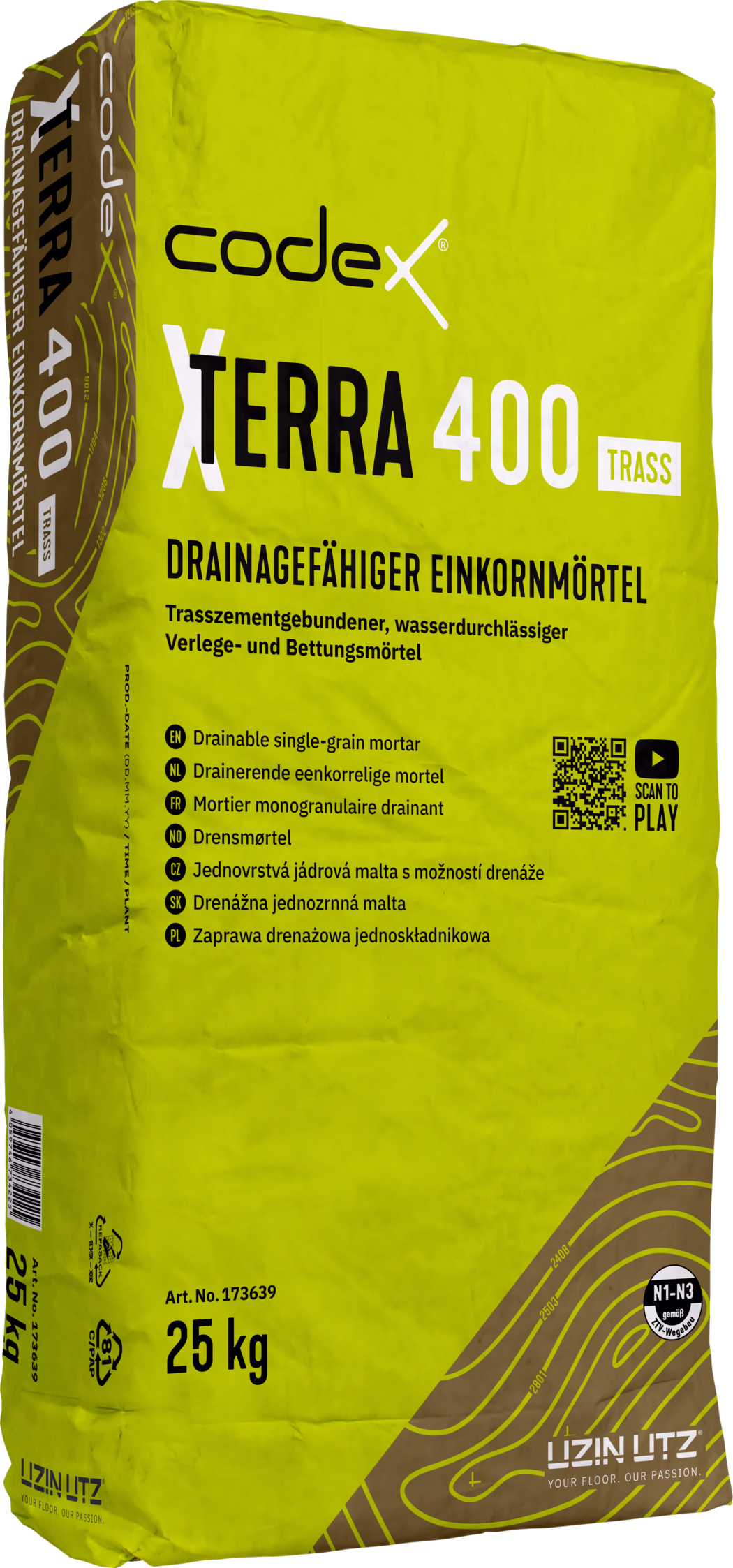 codex_Dummy_X-Terra 400 Trass_right_2022-11 Gelb-grüner 25-kg-Sack codex X TERRA 400 TRASS, ein drainagefähiger Einkornmörtel. Die Vorderseite zeigt das Logo 'codex', den großen Produktnamen 'X TERRA 400' mit 'TRASS'-Kennzeichnung, die deutsche Überschrift 'DRAINAGEFÄHIGER EINKORNMÖRTEL', mehrsprachige Kurzbeschreibungen, einen QR-Code mit 'SCAN TO PLAY'-Symbol, Artikelnummer und Gewicht '25 kg' sowie braune konturartige Grafiken und Markenaufdruck unten. Geeignet für wasserdurchlässigen Verlege- und Bettungsmörtel.