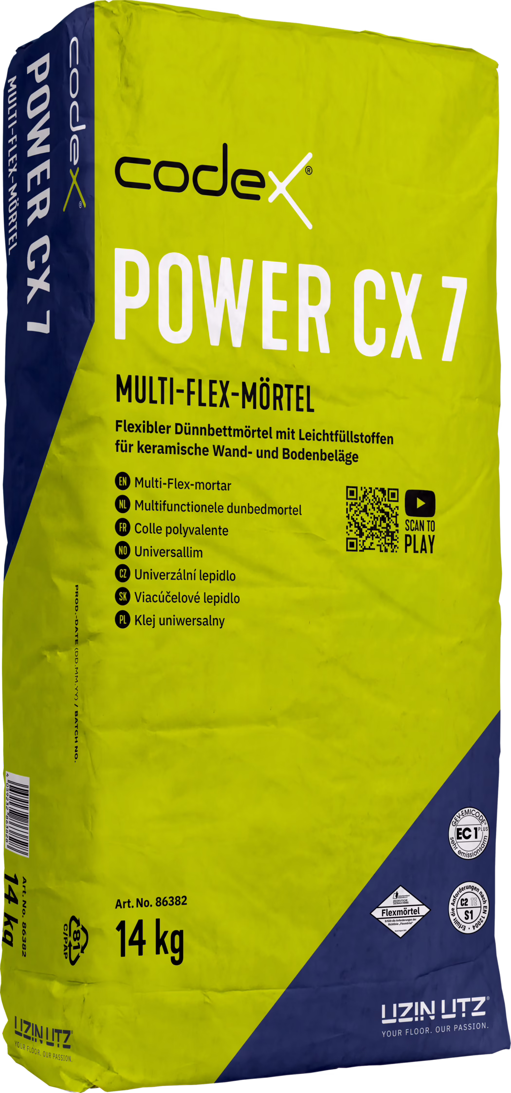 Auf dem Bild ist ein 14-kg-Sack des Produkts 'codex POWER CX 7' Multi-Flex-Mörtel zu sehen. Der rechteckige Papiersack ist kräftig gelbgrün gefärbt, besitzt unten rechts ein dunkelblaues diagonales Feld und links einen blauen Seitenstreifen; groß steht 'POWER CX 7' in Weiß, darunter 'MULTI-FLEX-MÖRTEL' sowie eine mehrsprachige Produktbeschreibung. Sichtbare Details sind die Logos codex und UZIN UTZ, die Artikelnummer (Art. No. 86382), ein Barcode, Prüfsymbole (u. a. EC1), ein QR-Code mit dem Hinweis 'SCAN TO PLAY' sowie eine Liste kurzer mehrsprachiger Bezeichnungen als schwarze Aufzählungspunkte. Die Verpackung weist Knicke und Falten auf; die Druckelemente verwenden Weiß, Schwarz und Blau auf dem gelbgrünen Hintergrund. Das Foto wurde fast frontal mit leichter Perspektive aufgenommen und ist gleichmäßig, neutral ausgeleuchtet.