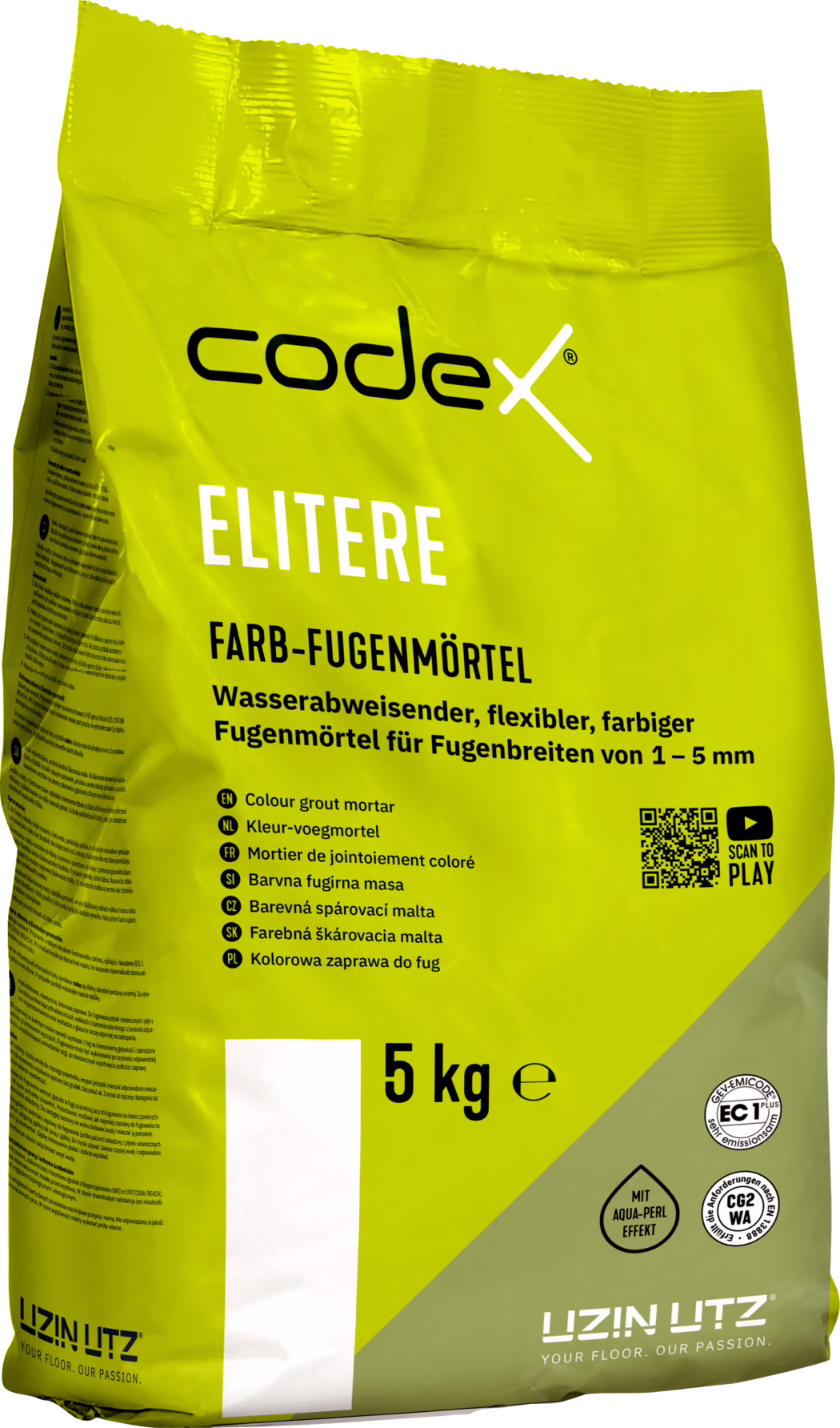codex_Dummy_Elitere_right_2025-02 Fotografie einer gelb-grünen 5-kg-Packung Codex 'ELITERE' Farb-Fugenmörtel. Auf der Vorderseite sind die Marke 'codex' und der Produktname 'ELITERE' gut sichtbar sowie die Bezeichnung 'FARB-FUGENMÖRTEL' und die Produkteigenschaften: wasserabweisend, flexibel, farbig, geeignet für Fugenbreiten von 1–5 mm. Die Vorderseite zeigt außerdem eine mehrsprachige Aufzählung, einen QR-Code mit dem Hinweis 'SCAN TO PLAY', Prüfzeichen/Logos, das Gewicht '5 kg' und das Logo 'UZIN UTZ' am unteren Rand. Die Kunststoffverpackung ist leicht glänzend, an der Oberseite geknickt; an der Seite ist ein Textfeld mit kleiner Schrift zu sehen. Fotografiert auf weißem Hintergrund.