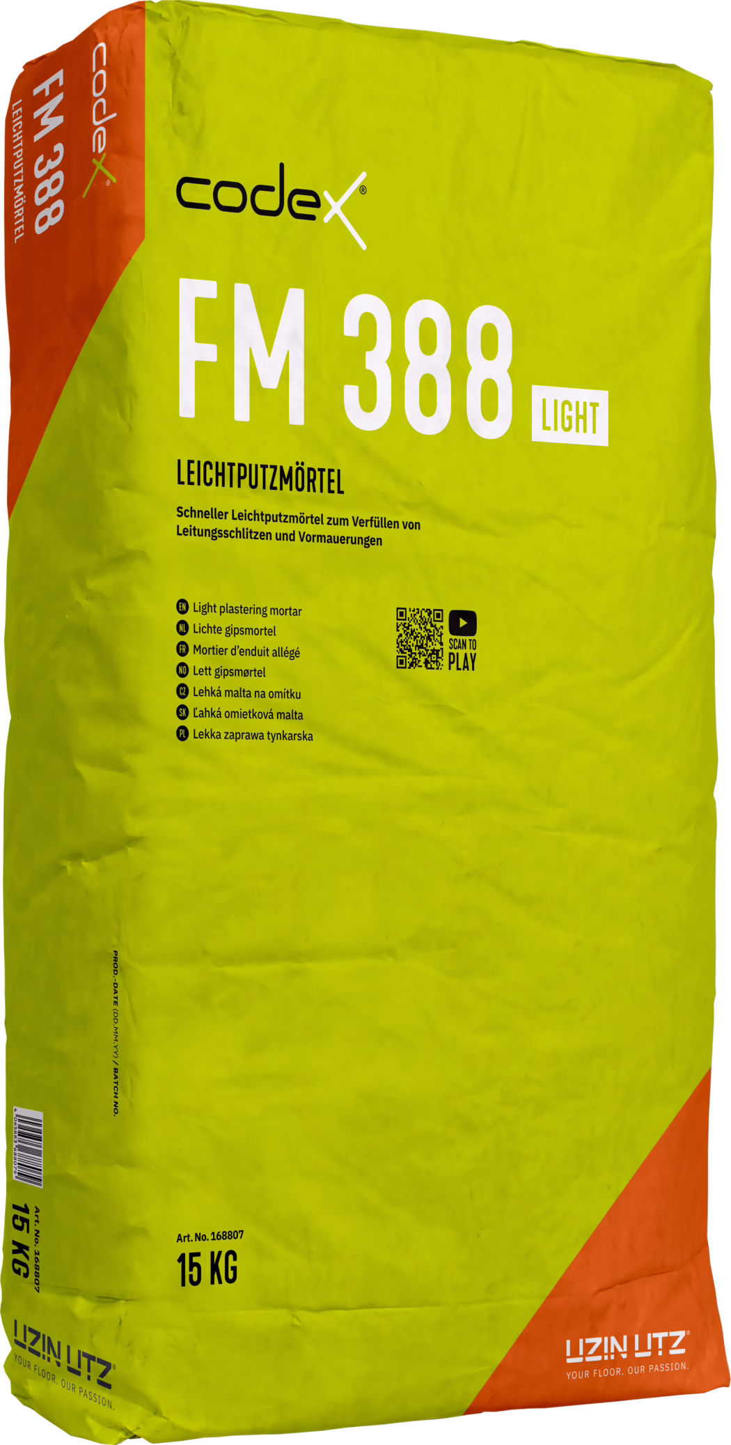 codex_Dummy_FM 388 light_right_2023-02 Hochauflösende Produktaufnahme eines 15-kg-Sacks Codex FM 388 LIGHT Leichtputzmörtel. Der rechteckige Papiersack ist leuchtgelb mit einer orangefarbenen Dreiecksfärbung in der Ecke; oben befindet sich das schwarze 'codex'-Logo. Große weiße Schrift 'FM 388' und ein kleines 'LIGHT'-Etikett prägen die Vorderseite; darunter steht der Produktname 'LEICHTPUTZMÖRTEL' und eine mehrsprachige Kurzbeschreibung mit Hinweis auf die Verwendung zum Verfüllen von Leitungsschlitzen und Vormauerungen. Neben kleiner schwarzer Informationstypografie ist ein QR-Code mit Piktogramm zu sehen; Gewicht '15 KG' und Artikelnummer sind unten gedruckt. Der Sack zeigt naturgetreue Knicke und Falten und ist leicht geneigt auf weißem Hintergrund fotografiert, geeignet für Kataloge und Onlineshops.