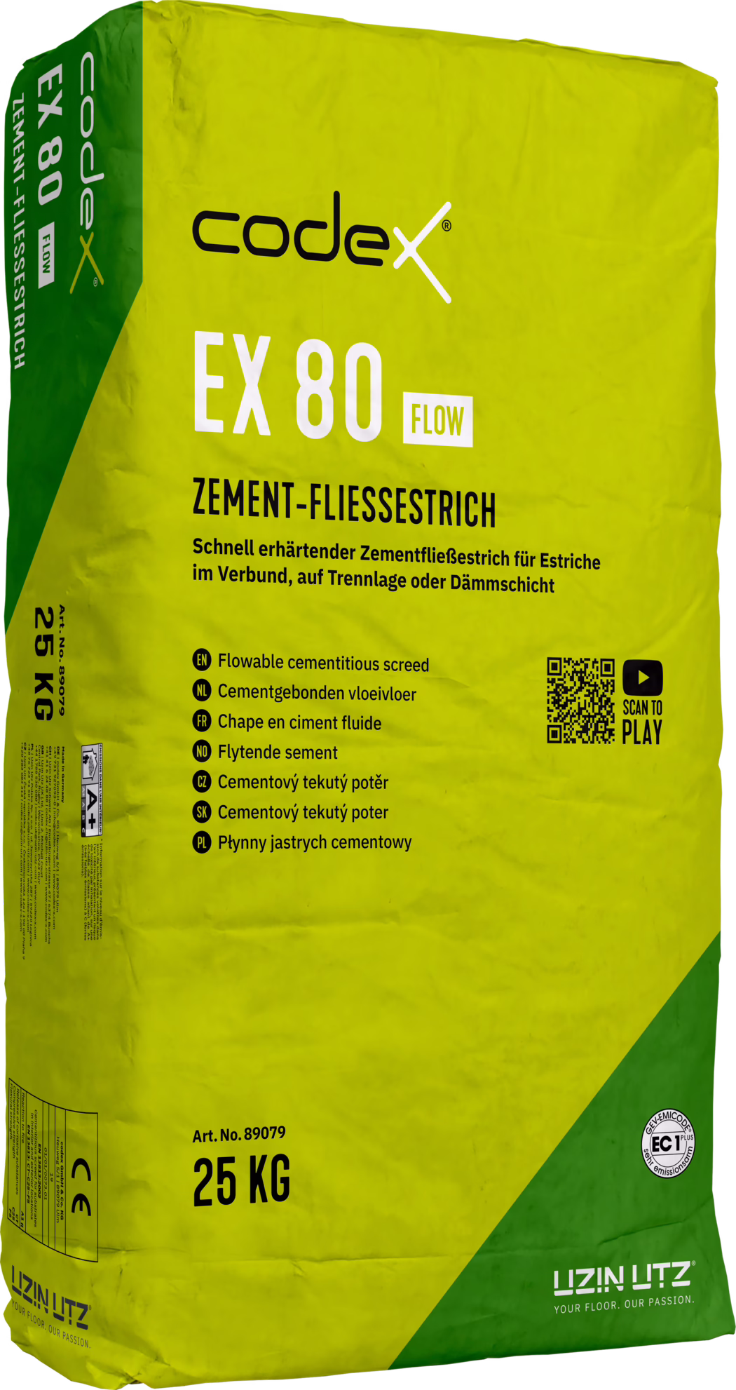 Foto eines 25-kg-Sacks Codex EX 80 Flow Zement-Fließestrich. Die Verpackung ist leuchtend gelb-grün mit großem schwarzen 'codex'-Logo oben sowie auffälliger weißer Beschriftung 'EX 80' und kleinem 'FLOW'-Hinweis. Eine fettgedruckte schwarze Überschrift lautet 'ZEMENT-FLIESSESTRICH', darunter steht die deutsche Kurzbeschreibung: schnell erhärtender Zementfließestrich für Estriche im Verbund, auf Trennlage oder Dämmschicht. Links unten sind '25 KG' und die Artikelnummer 'Art. No. 89079' zu sehen. Auf der Vorderseite befinden sich ein QR-Code mit 'SCAN TO PLAY', das CE-Zeichen und ein EC1-Emissionsaufkleber. Die Verpackung zeigt Falten und Papierstruktur; am linken Rand verläuft ein grüner Streifen, unten rechts ein grünes Dreieck mit dem Logo 'UZIN|LUTZ' und dem Slogan 'YOUR FLOOR. OUR PASSION.' Das Bild zeigt die Vorderseite des Sacks mit klar erkennbaren Marken- und Produktkennzeichen.