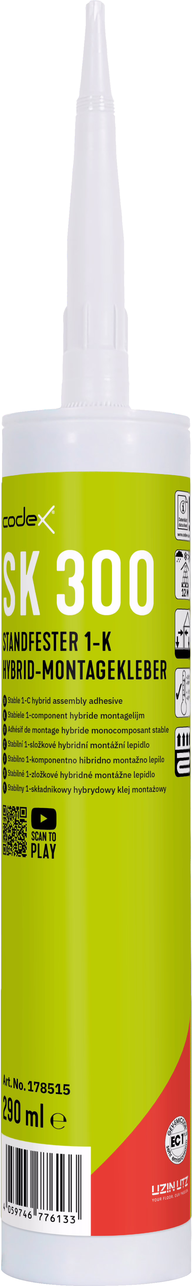 codex_Dummy_SK 300_front_2024-04 Nahaufnahme einer hohen weißen, zylindrischen Kartusche mit langer konischer Düse. Das limonengrüne Etikett zeigt 'SK 300' und 'Standfester 1-K Hybrid-Montagekleber', die Marke 'codex', Anwendungssymbole, einen QR-Code und einen Barcode; das Volumen ist mit 290 ml angegeben und unten ist ein roter Akzent sichtbar. Verpackungsdetails und Piktogramme sind vor weißem Hintergrund gut erkennbar.
