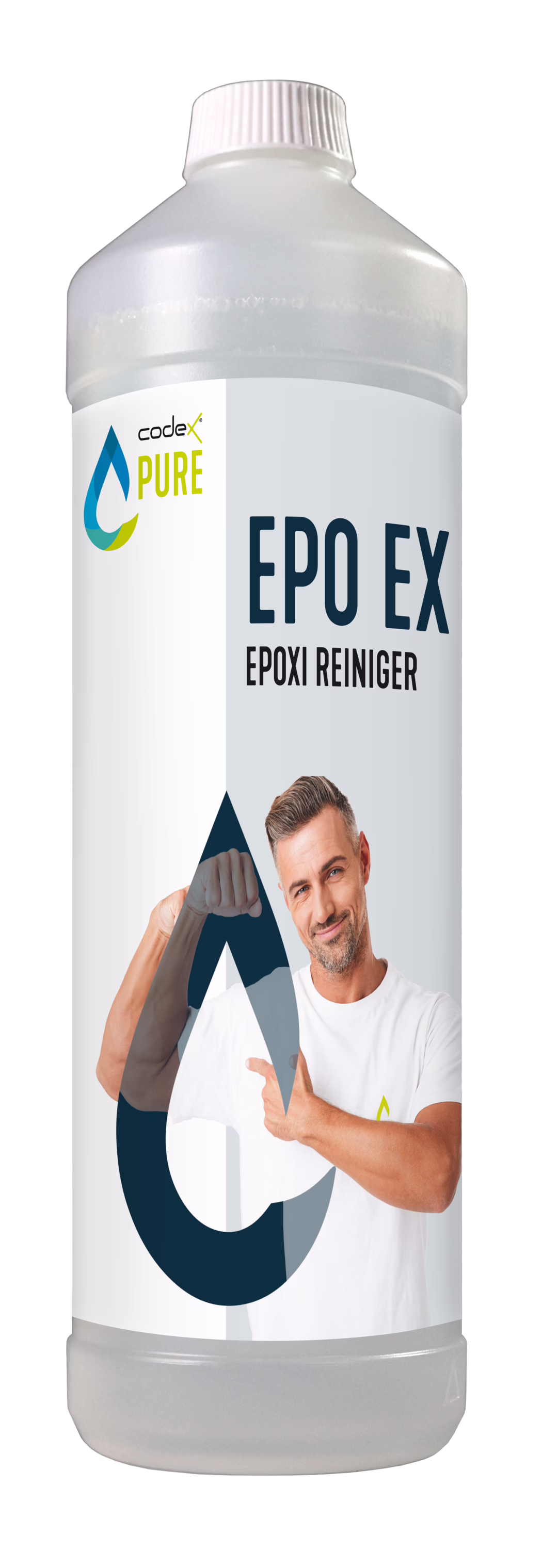 codex_Dummy_Pure Epo EX_2021-06 Eine hohe, durchscheinende Kunststoffflasche mit weißem Schraubverschluss, beschriftet mit 'EPO EX Epoxi Reiniger' und der Marke codex PURE. Das vordere Etikett zeigt ein blau-grünes Tropfenlogo, den großen dunkelblauen Schriftzug 'EPO EX' und kleinere Schrift 'EPOXI REINIGER'. Ein lächelnder erwachsener Mann in weißem T‑Shirt ist innerhalb einer stilisierten dunkelblauen Tropfengrafik abgebildet, er zeigt auf seinen Bizeps und spannt den Arm an. Helles graues Etikett, klares Design; das Produkt wirkt wie ein Epoxid-Reiniger, fotografiert auf weißem Hintergrund.