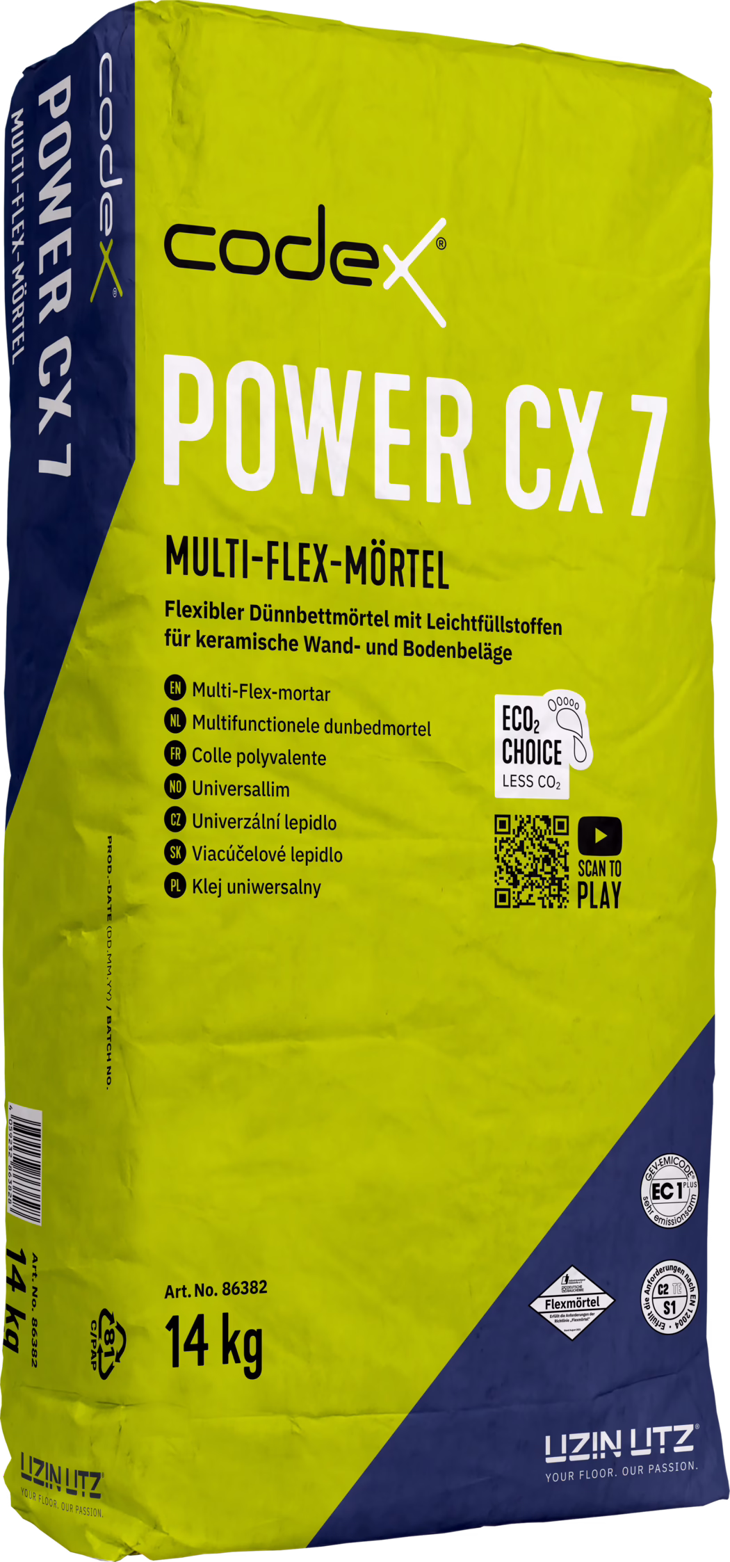 codex_Dummy_Power CX 7_right_2023-01 Gelb-grüner und dunkelblauer Sack 'codex POWER CX 7' Multi-Flex-Mörtel mit dem Markenlogo 'codex', großer Aufschrift 'POWER CX 7', deutscher Produktbeschreibung zu flexiblem Dünbettmörtel für keramische Wand- und Bodenbeläge, mehrsprachiger Auflistung, ECO2 Choice-Logo, QR-Code, Gewicht '14 kg' und Zertifizierungskennzeichen.